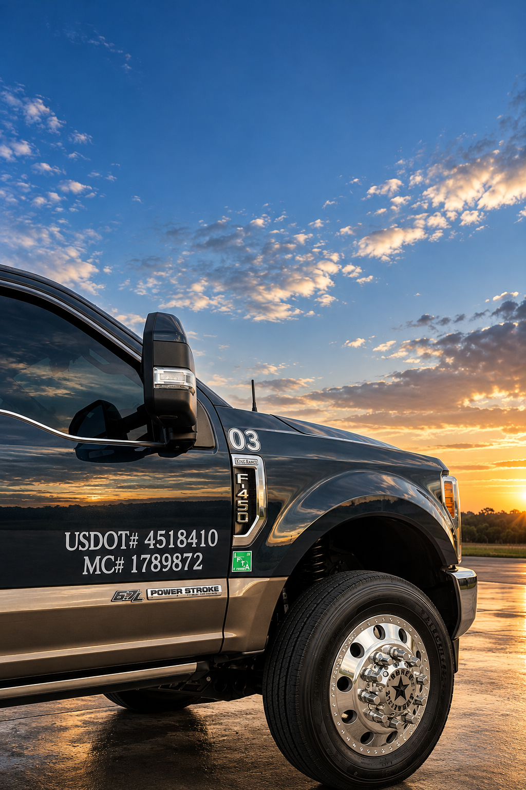 Armani 333 Ford Super Duty at sunset, showing the truck’s chrome wheel and carrier identification