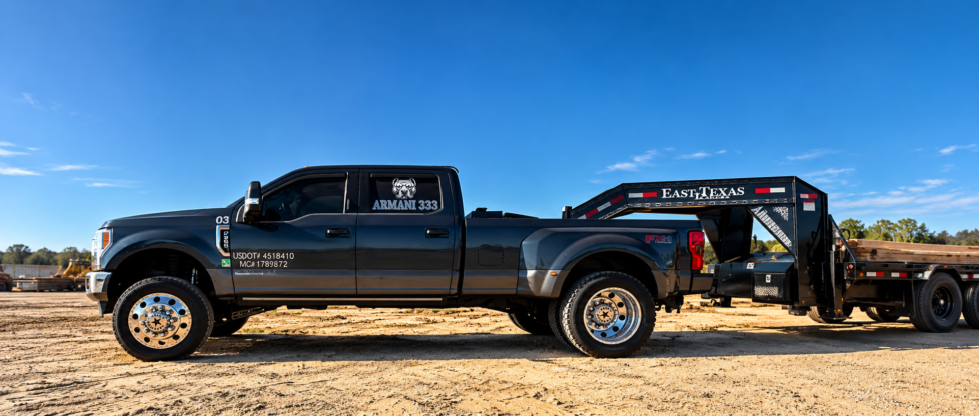 Side profile of the Armani 333 Ford Super Duty dually pickup and East Texas gooseneck
